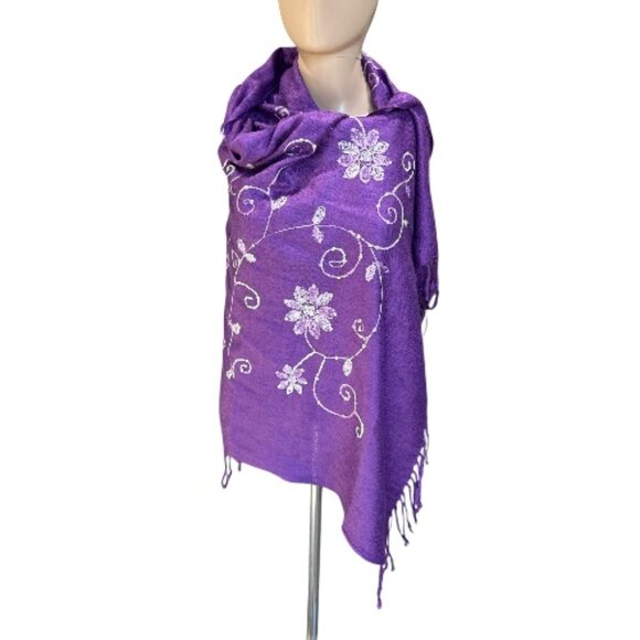 Pashmina Shawl Embroidered Floral Motif & Sequins Purple Pashmina & Silk - Picture 1 of 8